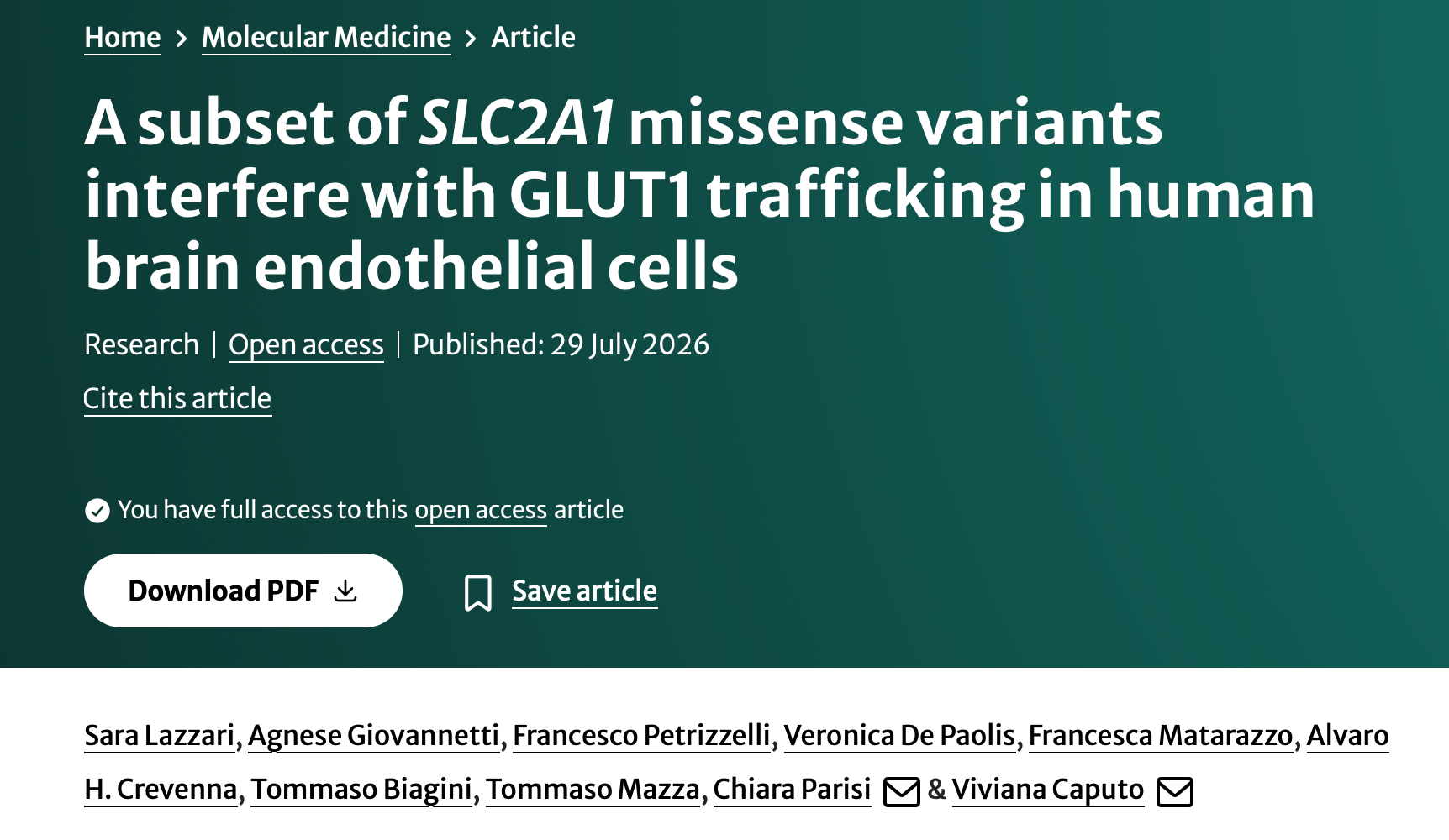 Monosnap A subset of SLC2A1 missense variants interfere with GLUT1 trafficking in human brain endothelial cells | Molecular Medicine | S… 2026-09-09 21-45-43